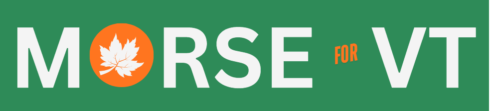 Logo for Morse Vt with a green background, white text, an orange circle with a white maple leaf in the center, and the words 'FOR VT' in orange.