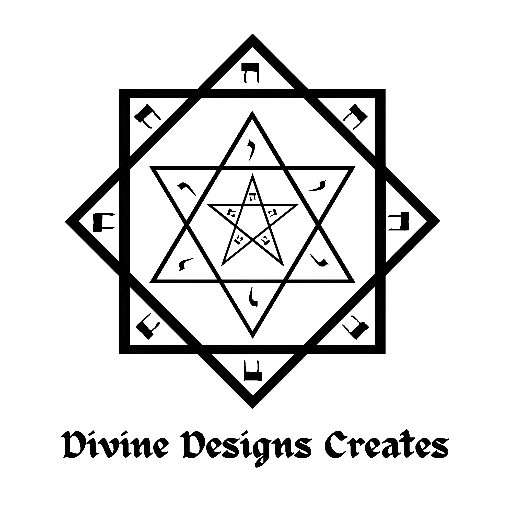 A geometric design of interconnected lines forming a star shape inside a circle, resembling a scientific or mathematical diagram.