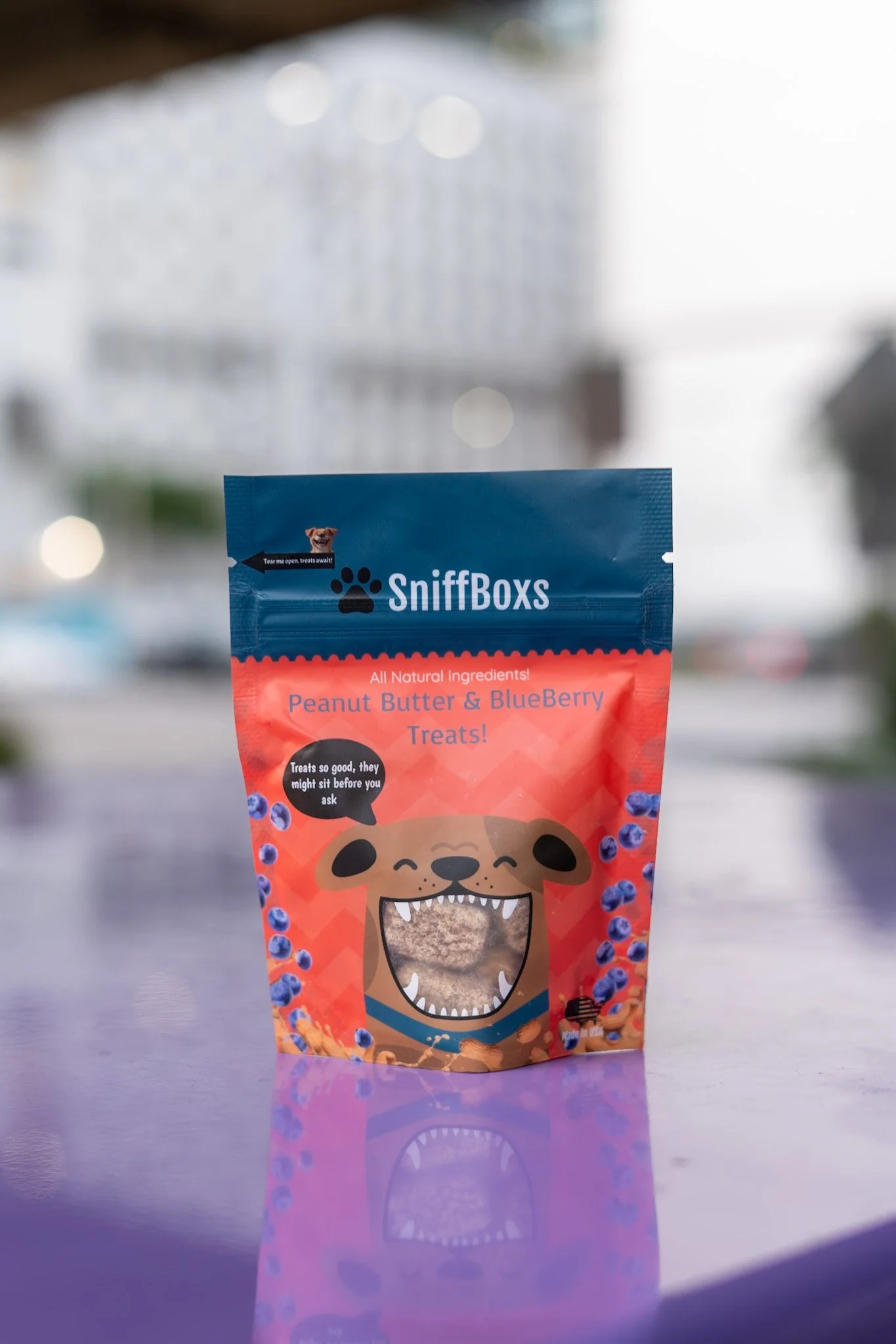 A colorful package of SniffBox dog treats with a cartoon dog face and open mouth design, featuring blueberries and peanut butter flavor.