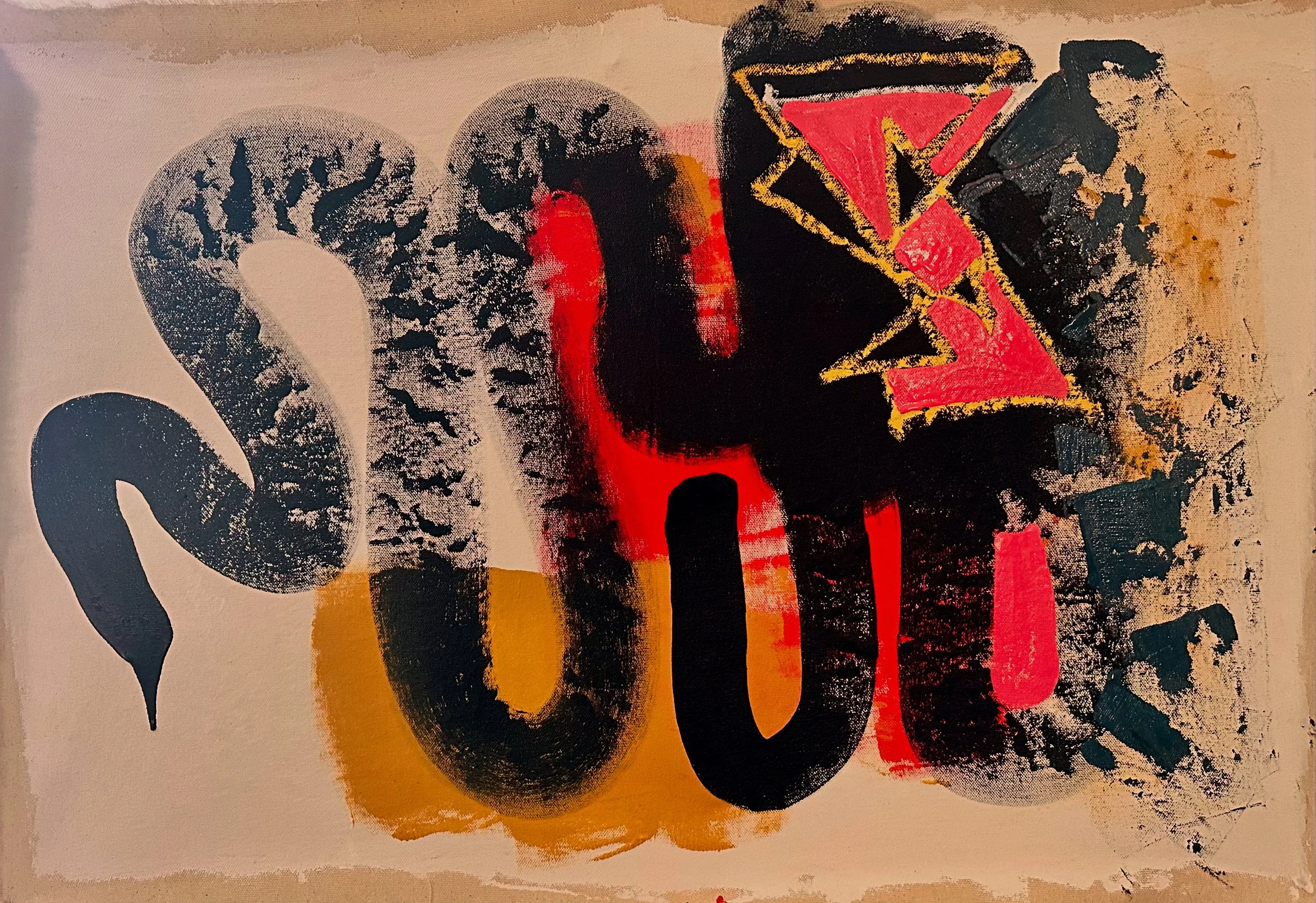 Abstract painting with black, red, yellow, and beige colors, featuring textured and layered brushstrokes.
