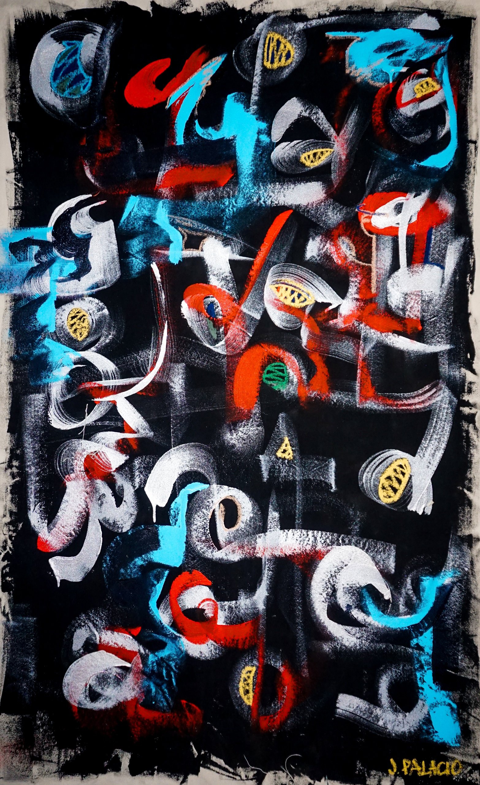 Abstract painting with a black background, featuring swirling shapes and colors including red, blue, white, yellow, green, and gray, with some shapes resembling cans of spray paint.