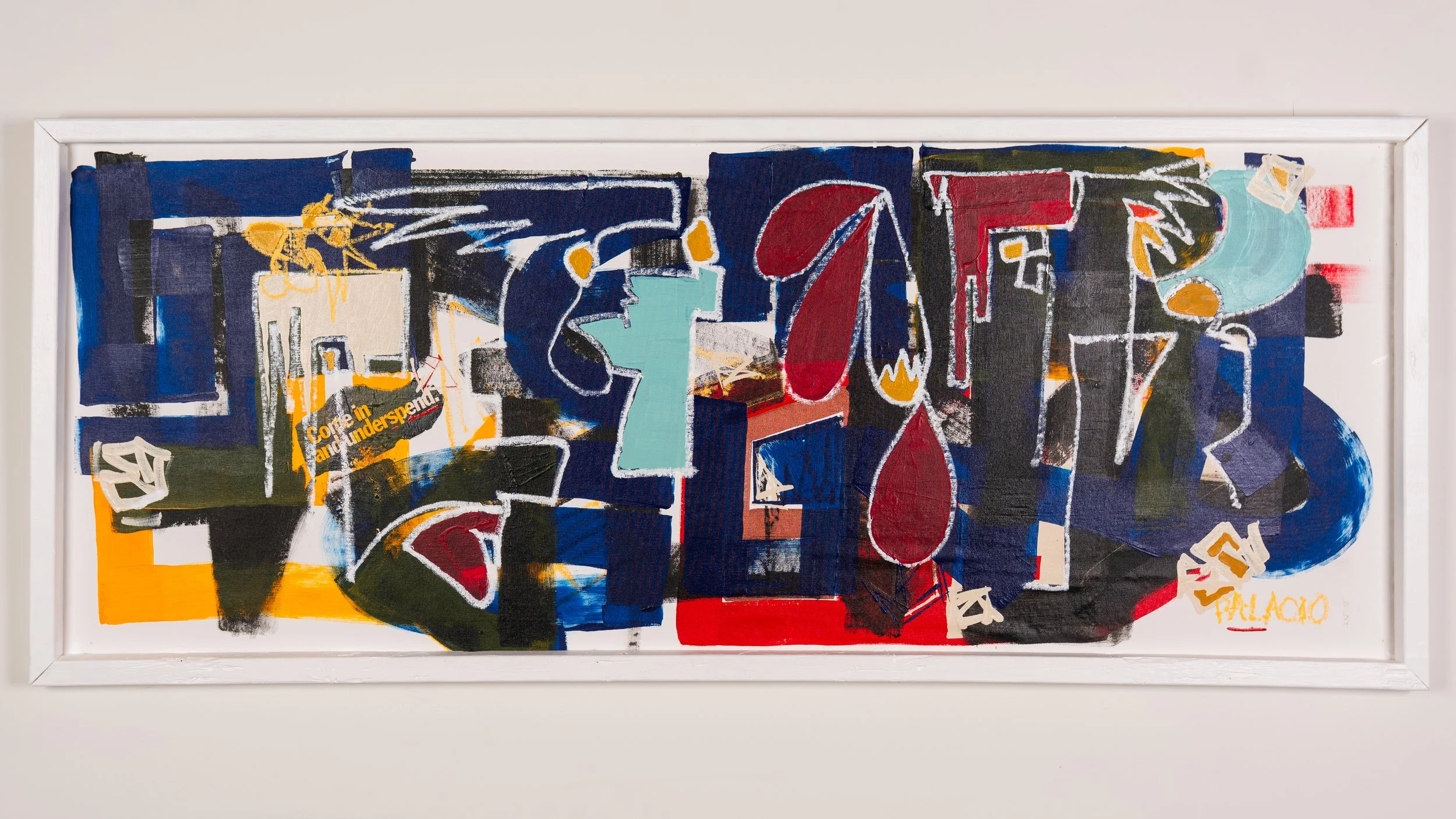 Abstract mixed media artwork with bold colors and shapes framed in white.