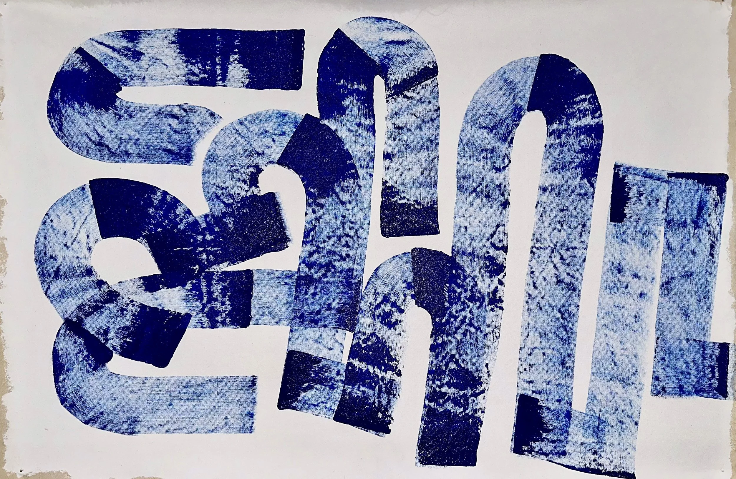 Abstract artwork featuring large, bold, blue, textured, overlapping shapes on a white background.