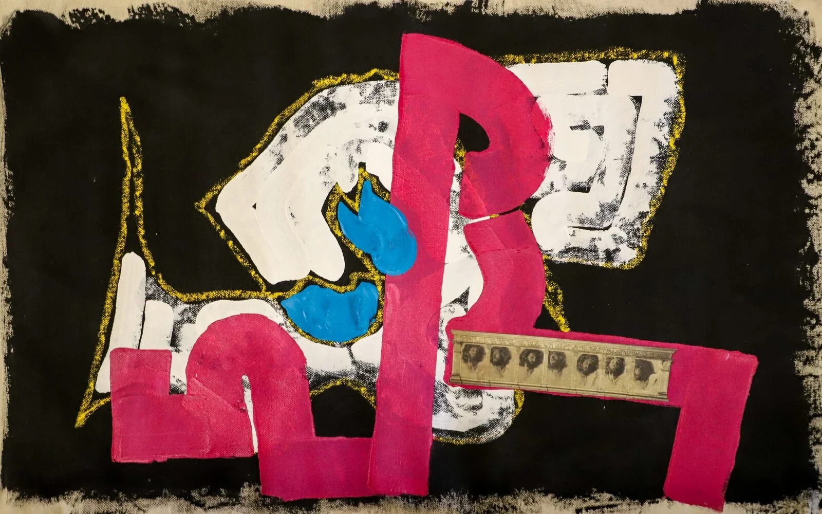 Mixed media art piece featuring a sketch of a person's face, with blue coffee beans as hair, layered with a collage of pink paper letters, a strip of images of faces, and a black background with gold outlines.