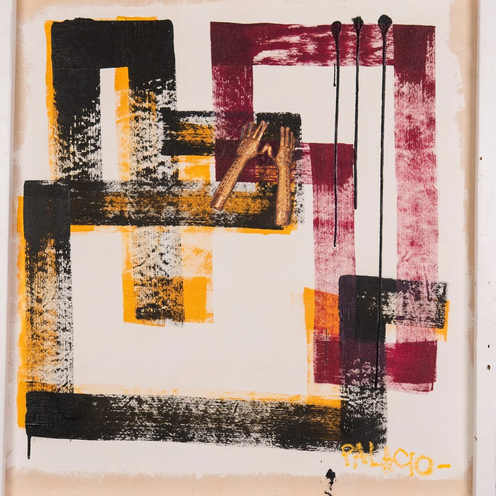 Abstract artwork with black, yellow, red, and white paint strokes, vertical lines, and metallic hands in the center.
