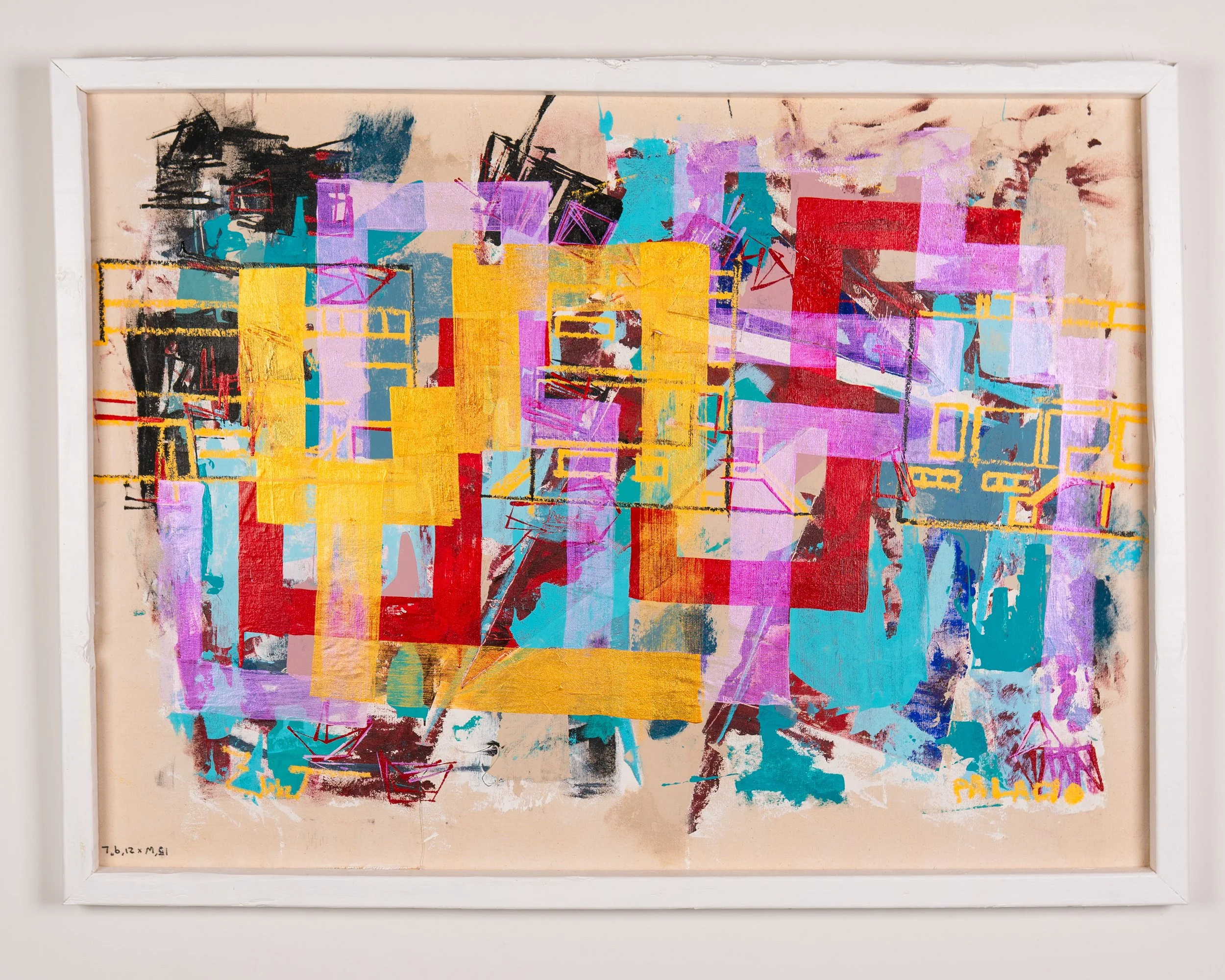 Abstract colorful artwork with overlapping blocks of pink, red, blue, yellow, and black, framed in white.