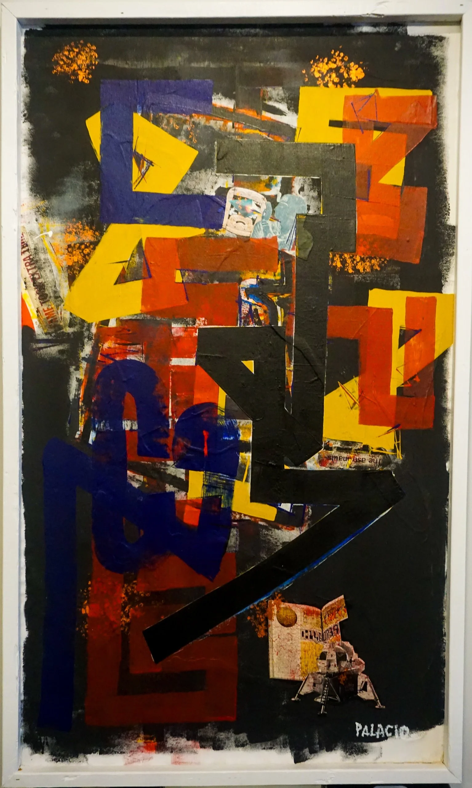 A colorful collage-style abstract artwork with various shapes, colors, and textures, including prominent black, yellow, red, purple, and orange elements, with the word "PALACIO" written in white at the bottom right corner.