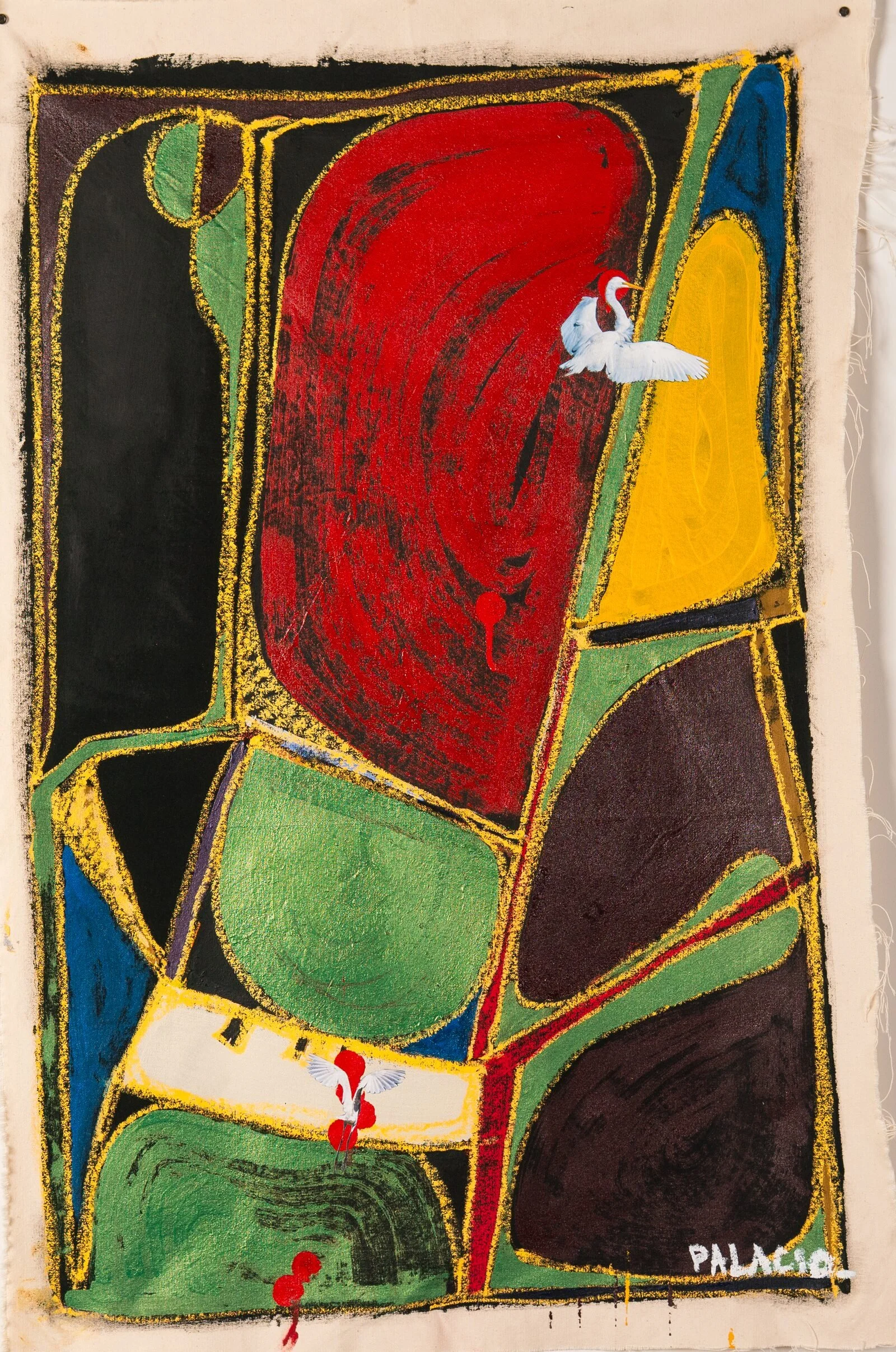 Abstract colorful painting with bold black outlines and geometric shapes, featuring a white crane with red accents, and the text 'PALANG' in the bottom right corner.
