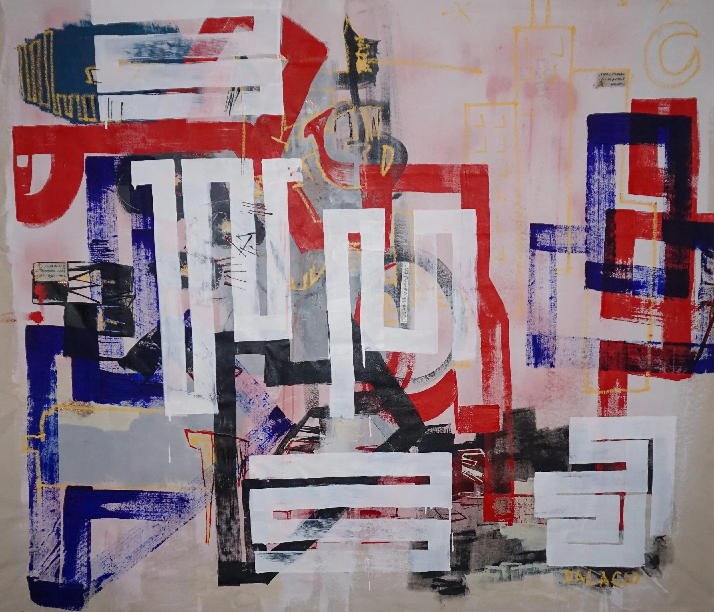 An abstract painting composed of geometric shapes and bold brush strokes in red, blue, black, white, yellow, and pink colors. The artwork features overlapping rectangles, lines, and textures, creating a dynamic and layered composition.