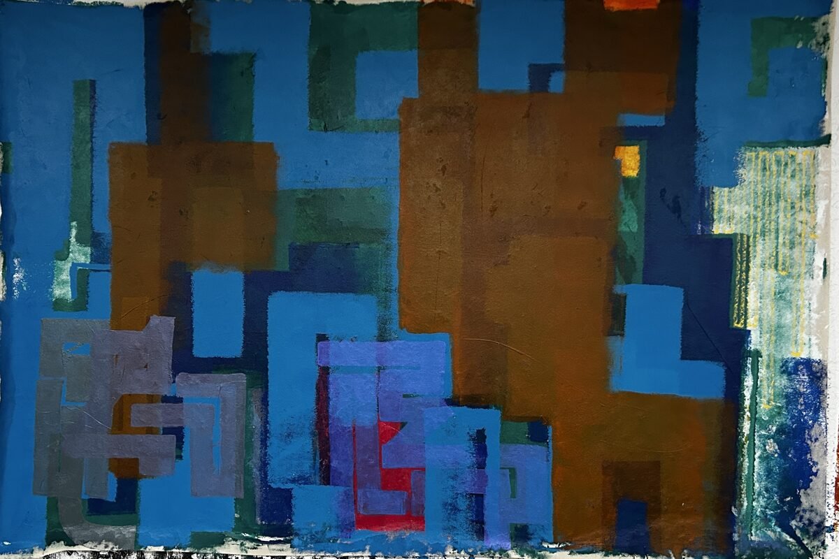 Abstract painting with overlapping blocks of blue, green, brown, gray, and red colors.