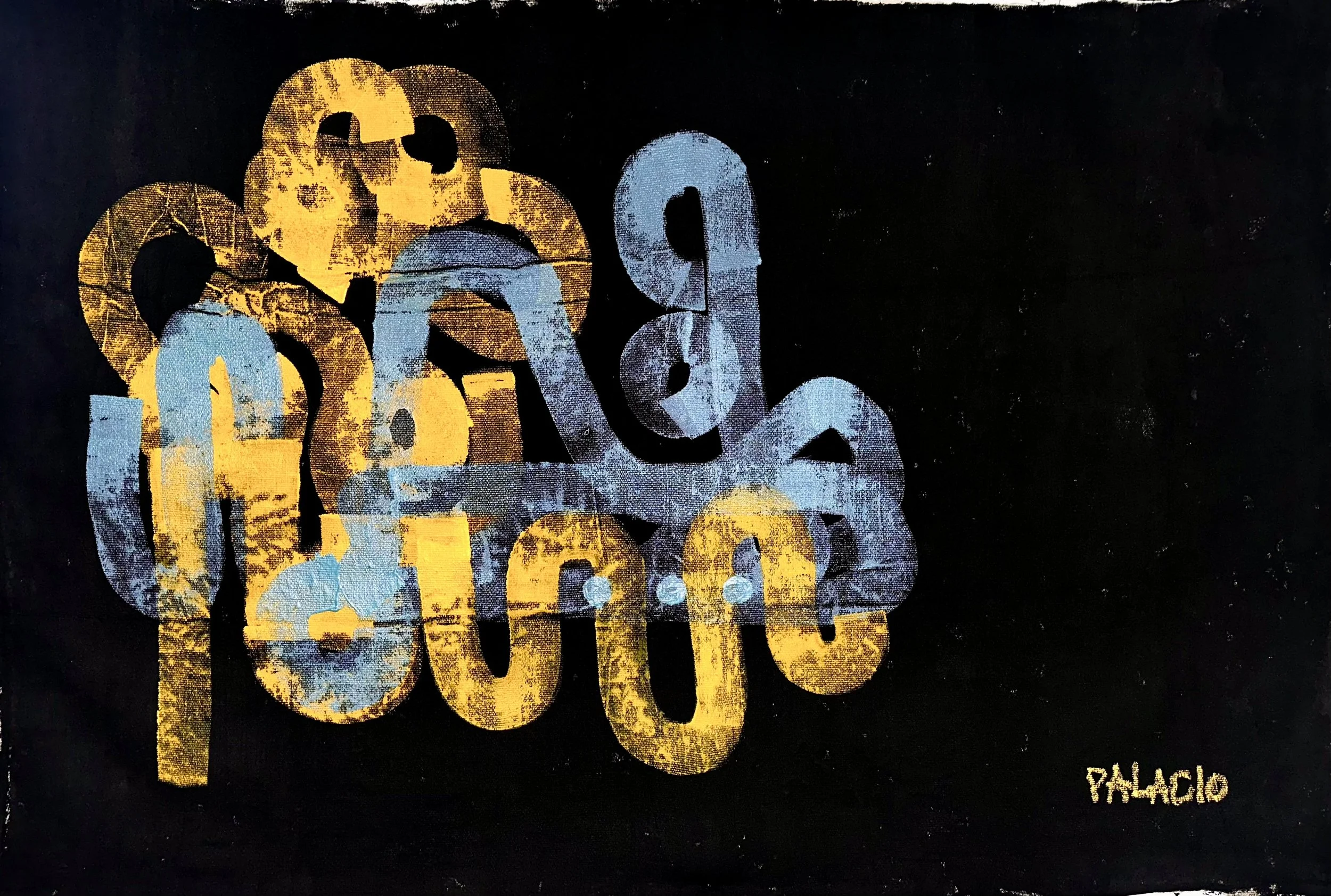 Colorful text on a black background that says "Love all" with the artist's signature "Palacio" in the bottom right corner.