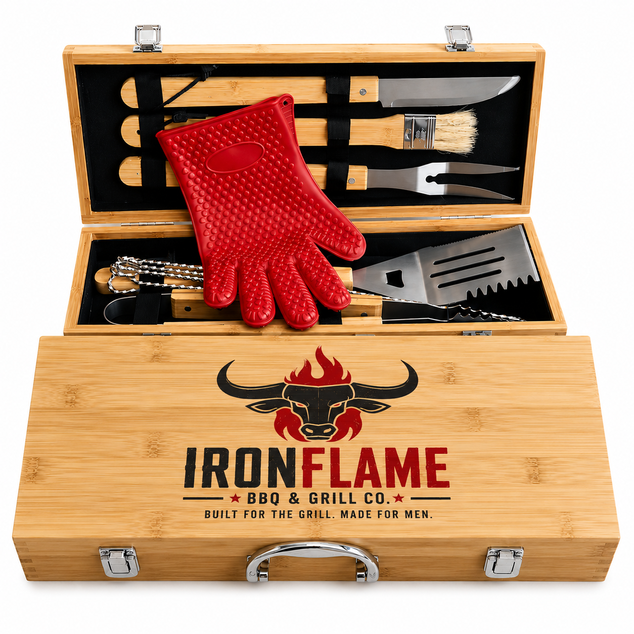 Custom engraved bamboo BBQ grill set with stainless steel grilling tools, carrying case, and branded logo design. Personalized grill sets for corporate gifts, employee appreciation, client gifts, promotional products, and custom outdoor branding.