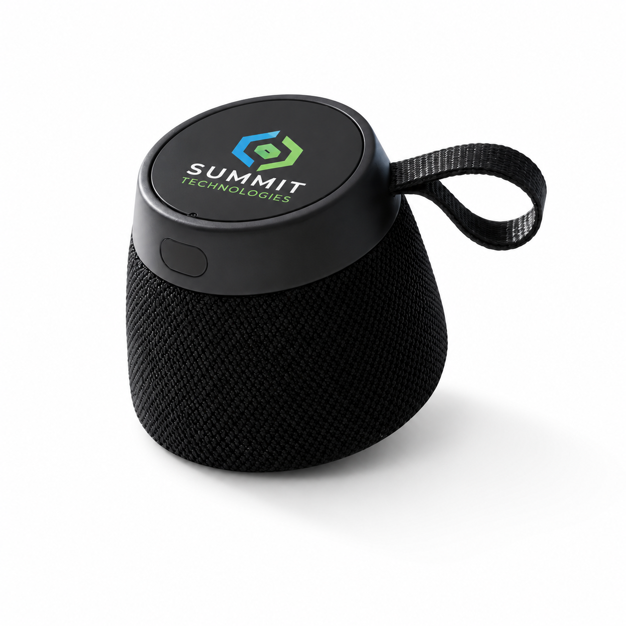 Custom portable Bluetooth speaker with full-color branded logo, fabric mesh exterior, carrying loop, and compact wireless design. Promotional speakers for corporate gifts, trade shows, employee appreciation, branded merchandise, and marketing giveawa