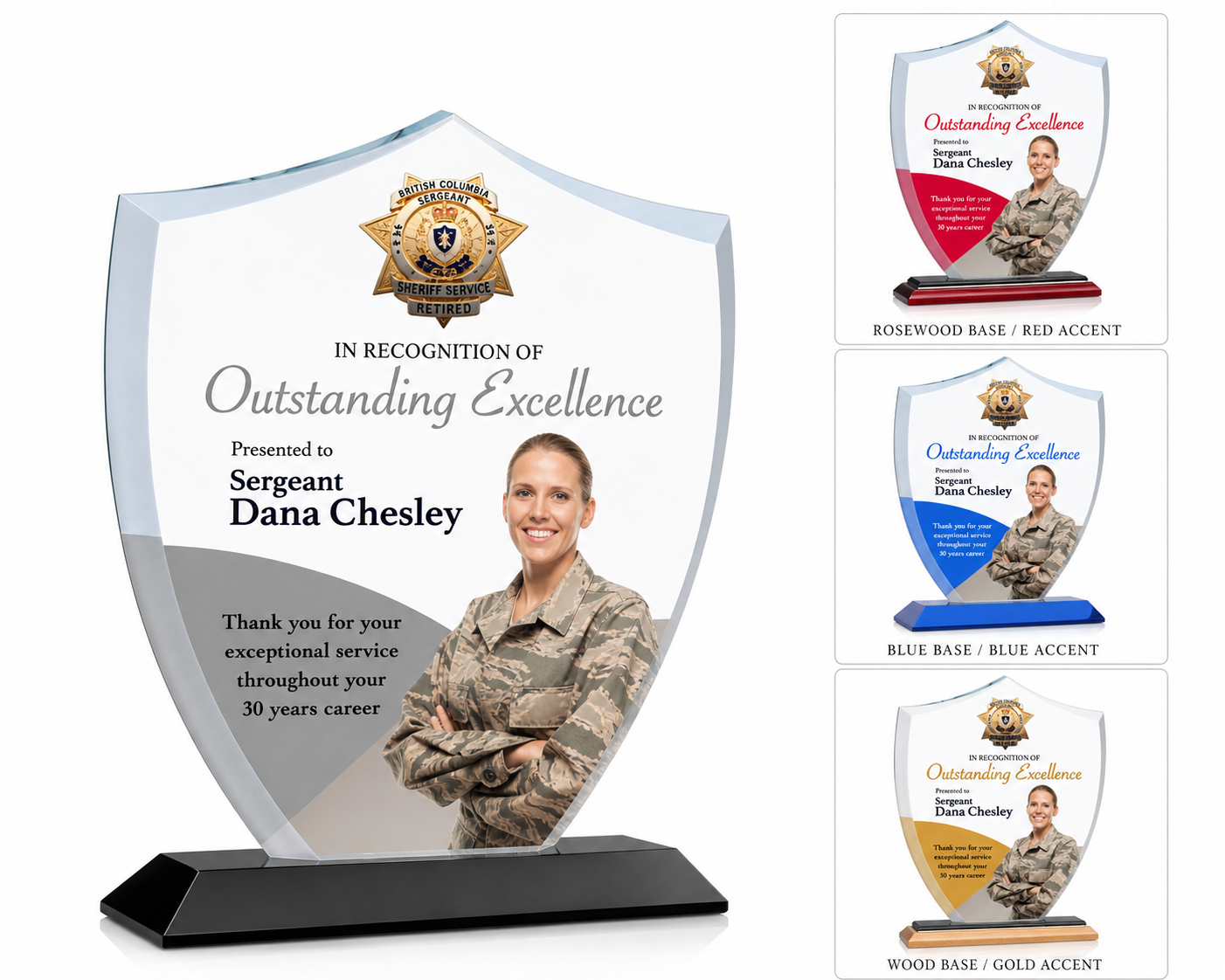 Three different shield-shaped plaques recognizing Sergeant Dana Chesley for outstanding excellence in service, each with a badge at the top, a photograph of a woman in military uniform, and text in various colors and font styles, mounted on different bases and accents (rosewood with red, blue, and wood with gold).