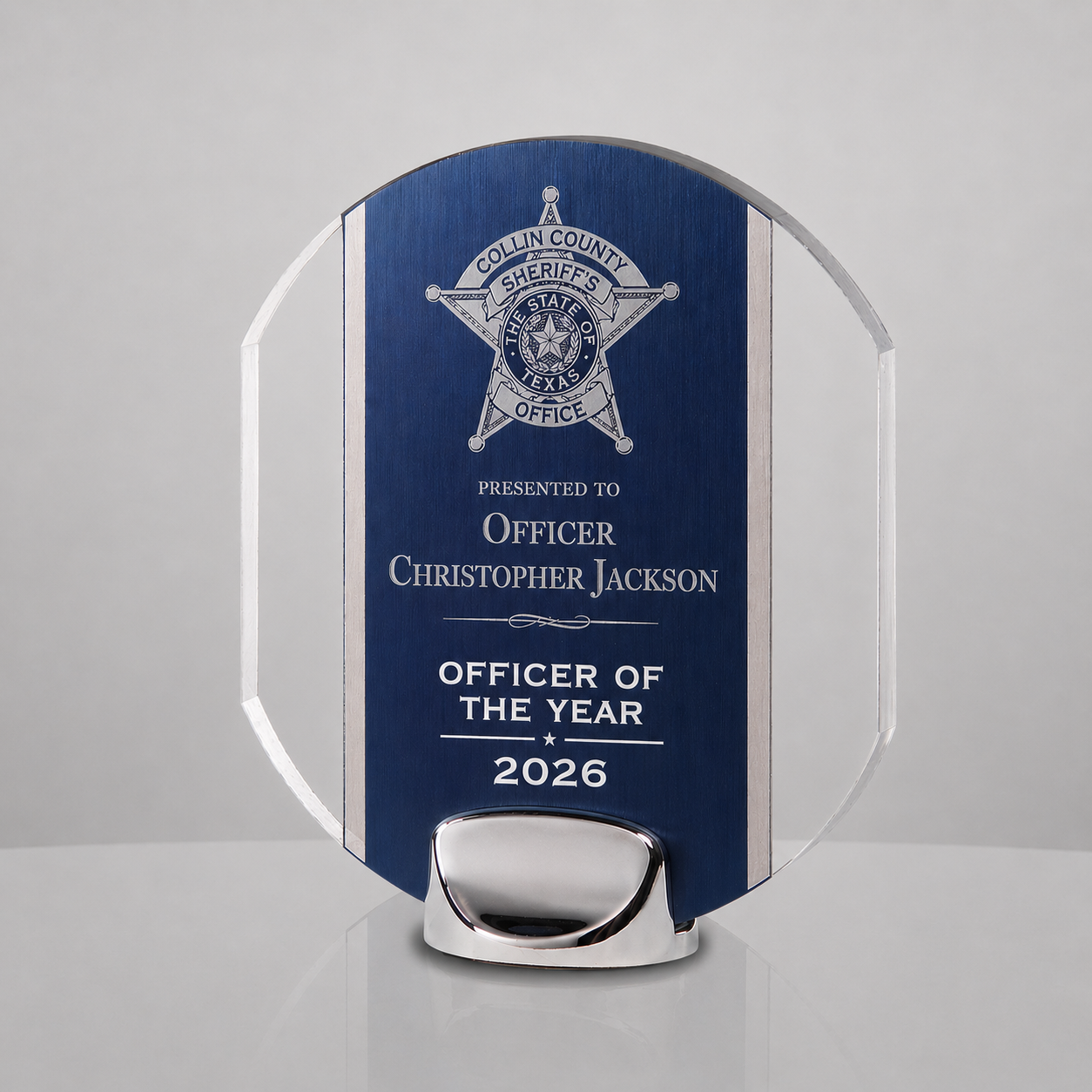 Custom law enforcement award featuring a thin blue line American flag design, sheriff badge emblem, and engraved text on a blue and clear acrylic plaque mounted.