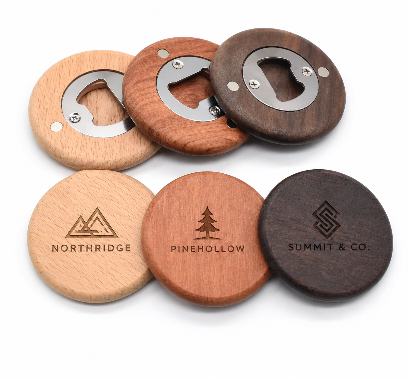 Custom engraved wooden bottle opener coasters with magnetic backing and stainless steel opener insert. Personalized bar accessories for corporate gifts, breweries, restaurants, promotional products, client gifts, and branded merchandise.