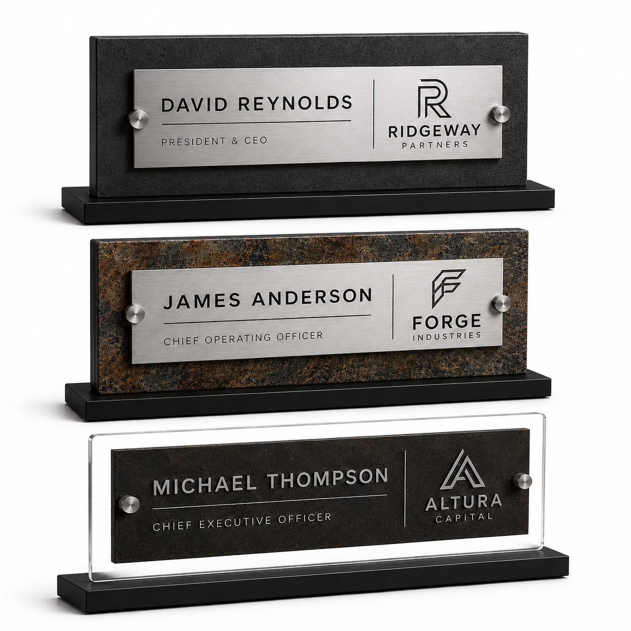Modern acrylic desk name plates with personalized employee names, executive titles, and company logos. Premium office name signage featuring black, wood, and brushed metal style bases for corporate desks, reception areas, executive offices, and brand