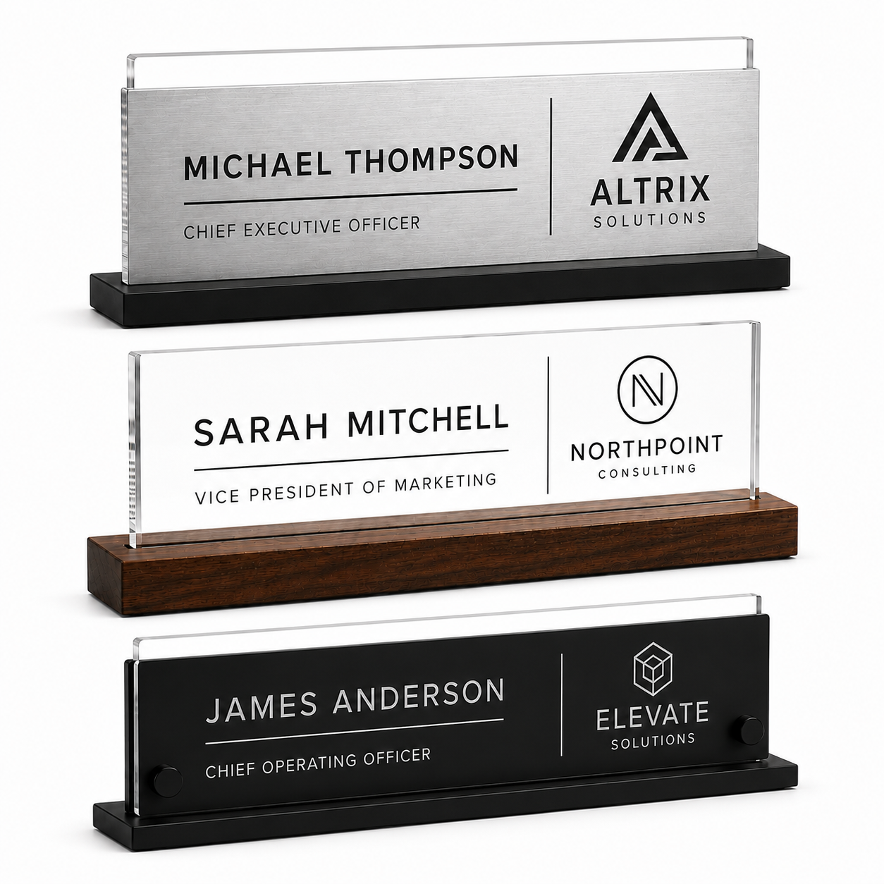 Modern acrylic desk name plates with personalized employee names, executive titles, and company logos. Premium office name signage featuring black, wood, and brushed metal style bases for corporate desks, reception areas, executive offices, and brand