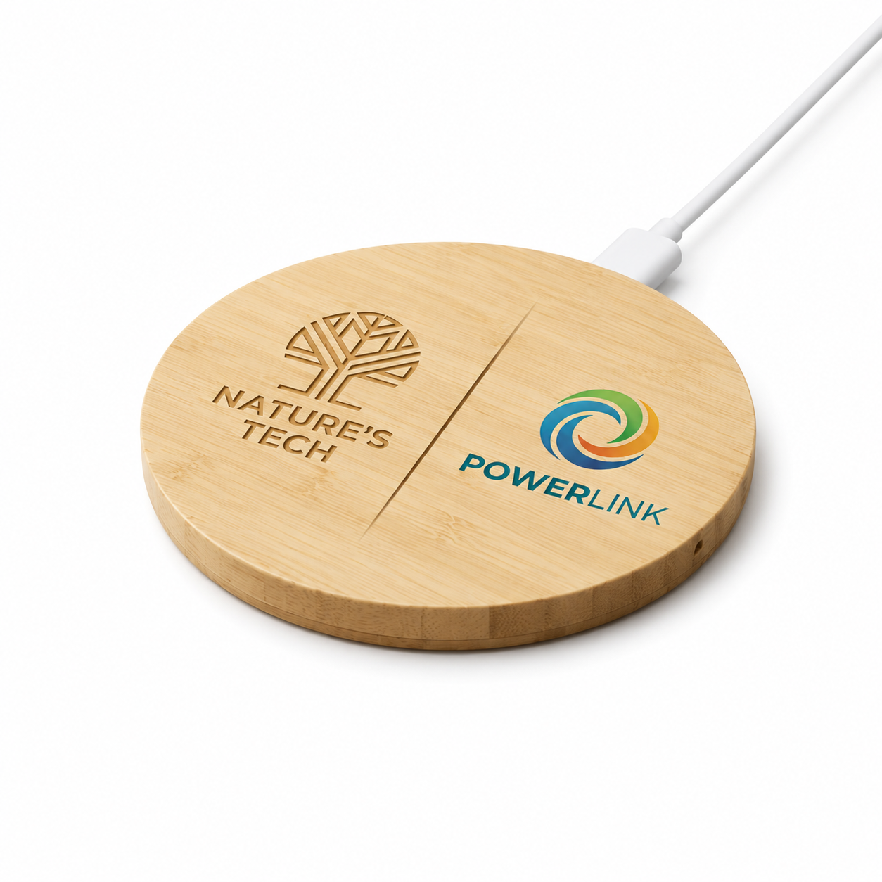 Custom bamboo wireless charging pad with engraved and full-color company logo branding. Personalized wireless chargers for corporate gifts, employee appreciation, promotional products, trade shows, eco-friendly branding, and business marketing.