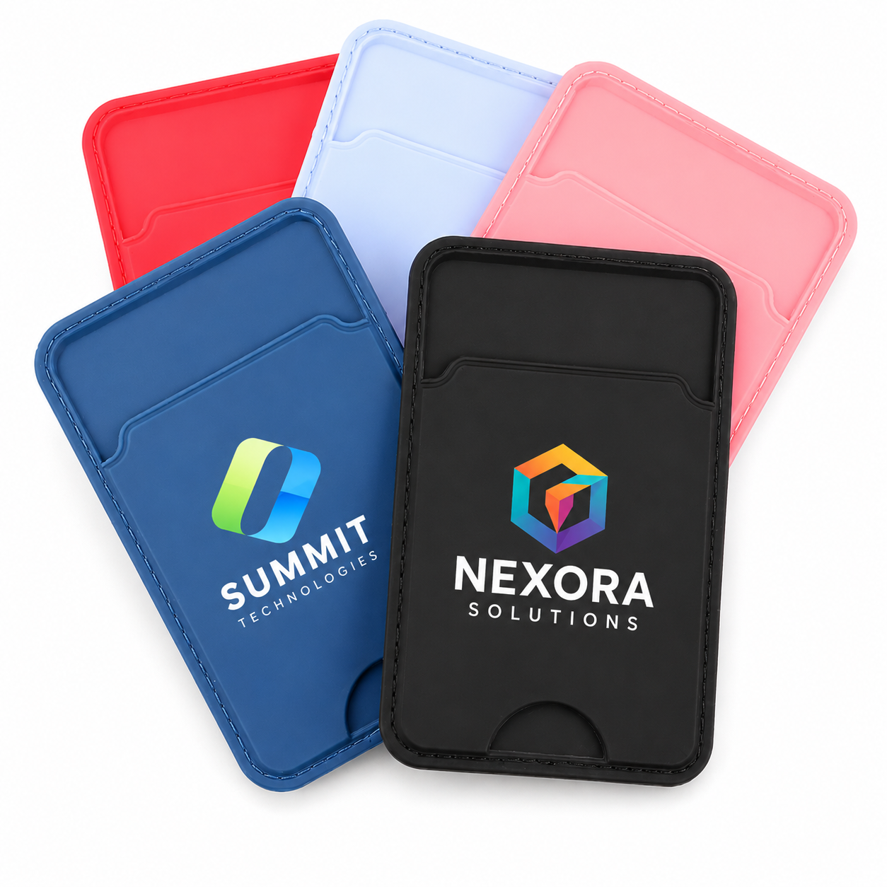 Custom phone wallet card holders with full-color company logos and multiple color options. Slim adhesive phone pocket wallets for business branding, promotional giveaways, employee gifts, trade shows, corporate events, and everyday card storage.