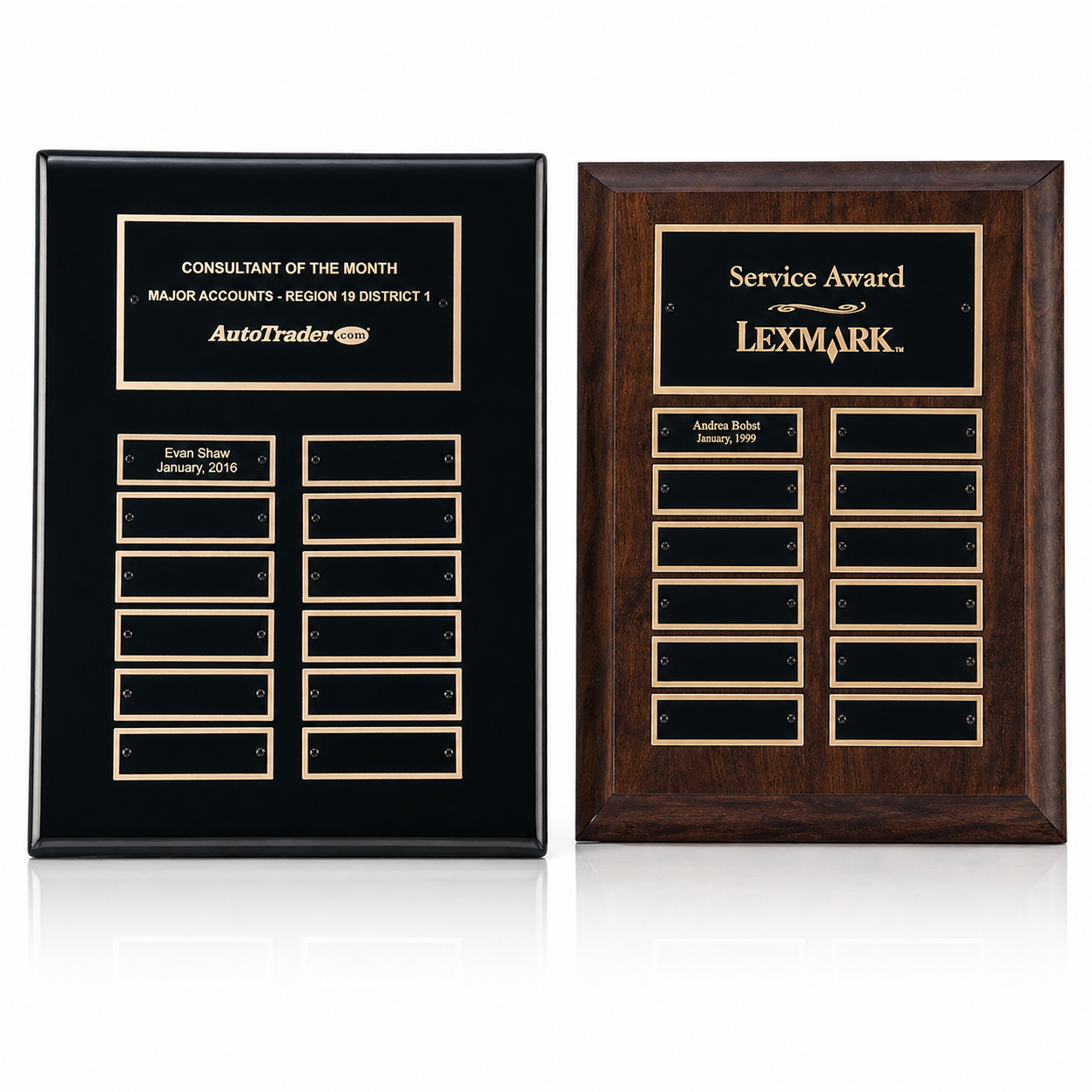 Two award plaques, one black with gold text for 'Consultant of the Month' and one brown with gold text for 'Service Award', both with names and dates.