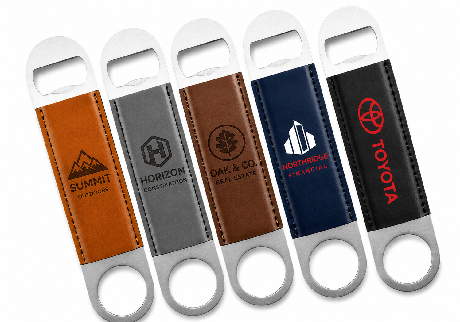 Custom leatherette and stainless steel bottle openers with engraved or full-color company logos. Personalized bar tools for corporate gifts, breweries, restaurants, promotional products, employee appreciation, branded events, and client giveaways.