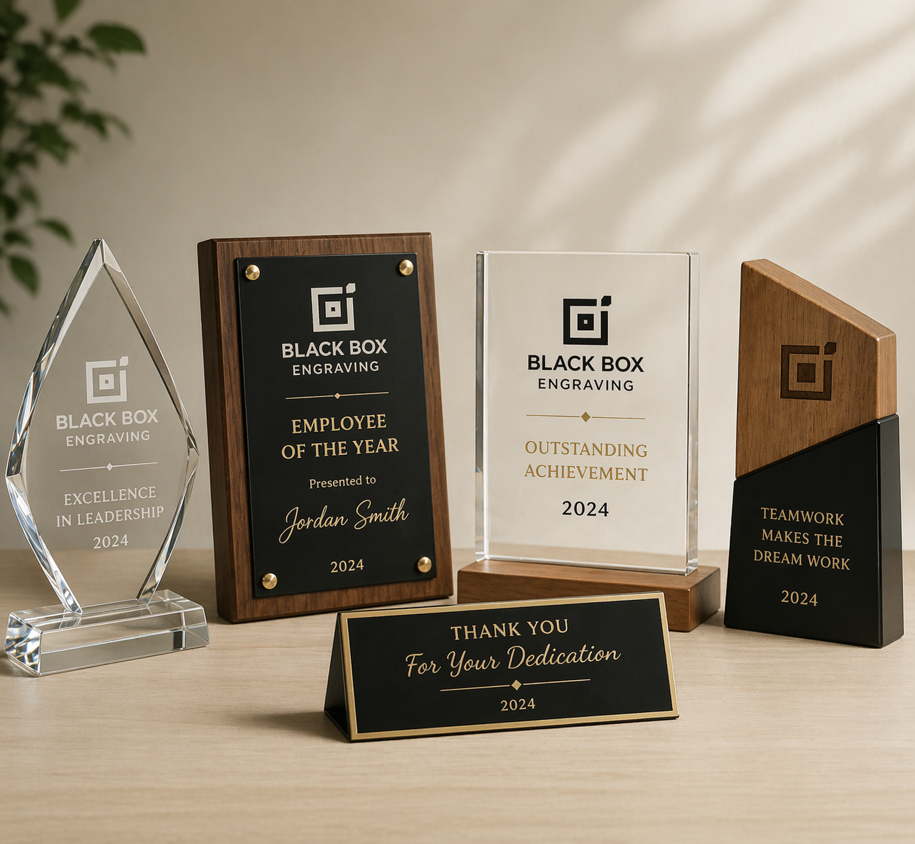 Custom engraved and UV printed awards including glass trophy, acrylic plaque, wooden award, and metal nameplate displayed on a clean desk with premium black and gold designs for employee recognition and corporate events.
