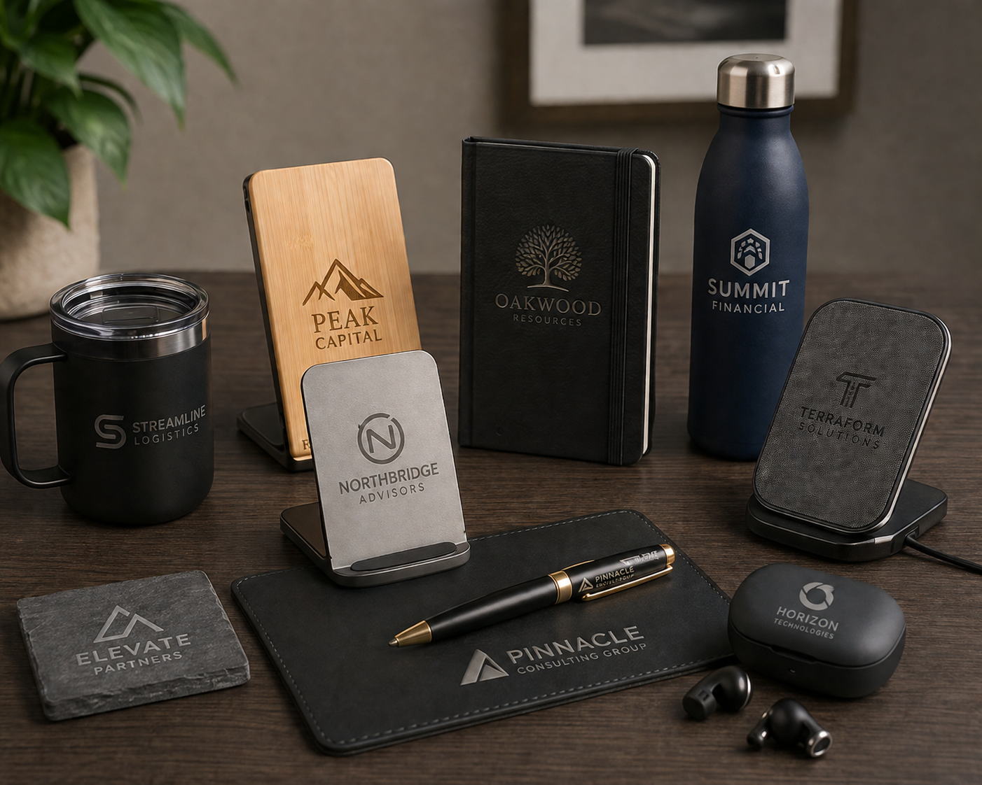A premium collection of custom corporate branded products displayed in a modern office setting, featuring laser engraved and UV printed logos on drinkware, notebooks, tech accessories, and desk items. The arrangement highlights high-end promotional m