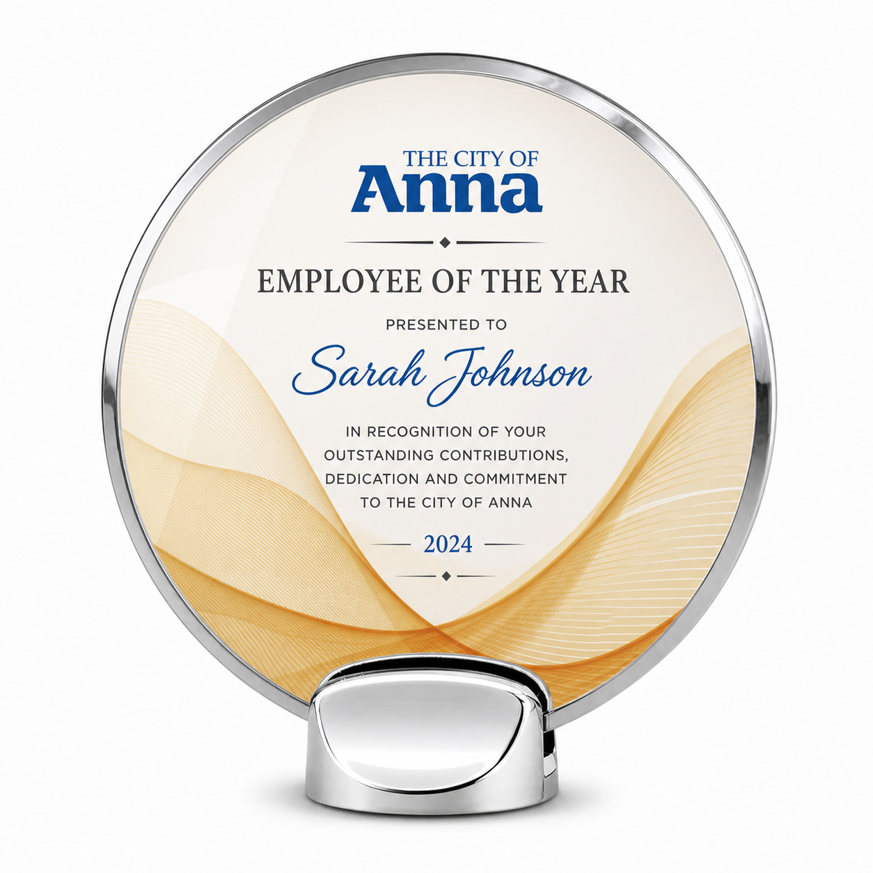 An award plaque with the city of Anna, Texas, logo at the top. It reads 'Employee of the Year,' presented to Sarah Johnson in 2024, recognizing her outstanding contributions, dedication, and commitment.