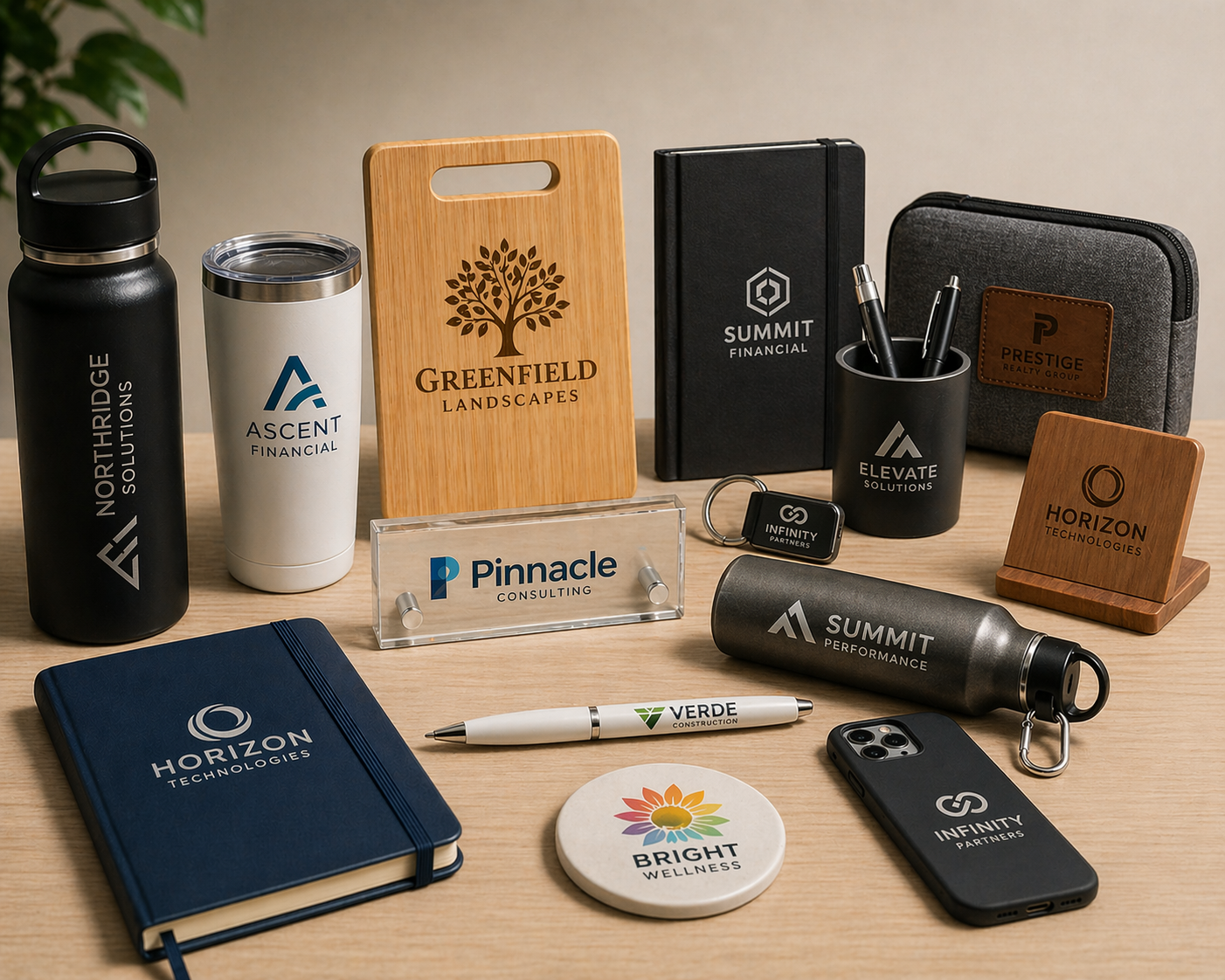 UV printing and laser engraving services on custom products including branded tumblers, wood cutting board, acrylic nameplate, notebook, and promotional items with corporate logos.