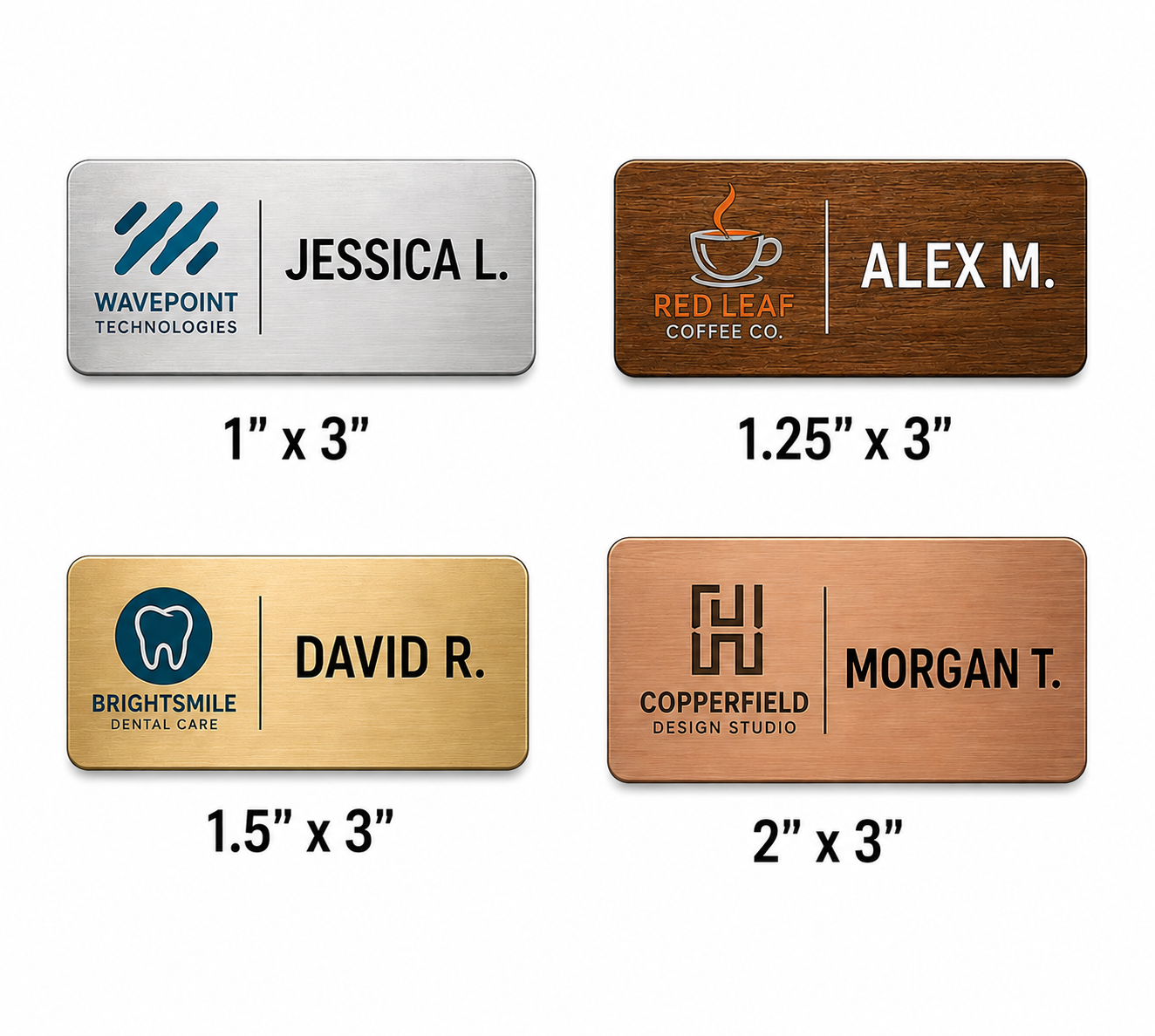 Custom engraved and full-color name badges in multiple sizes and finishes for professional staff identification. Personalized employee name tags for offices, retail, healthcare, restaurants, corporate branding, and business events.