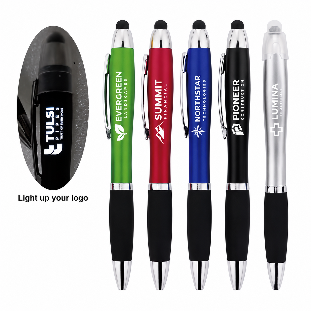 Custom light-up logo pens with stylus tips and full-color branding. Promotional LED pens available in multiple colors for corporate giveaways, trade shows, employee gifts, business marketing, healthcare offices, financial brands, and events.