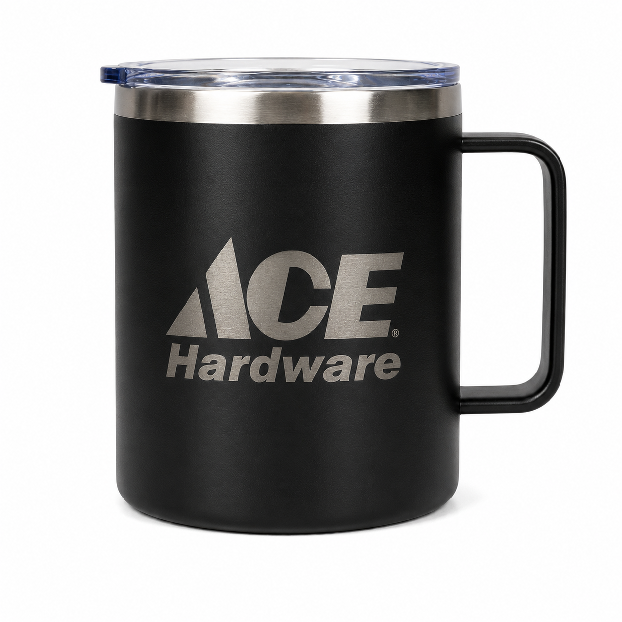 Custom laser engraved stainless steel coffee mug with insulated black finish and branded company logo. Personalized drinkware for corporate gifts, employee appreciation, promotional products, office branding, business events, and custom merchandise.