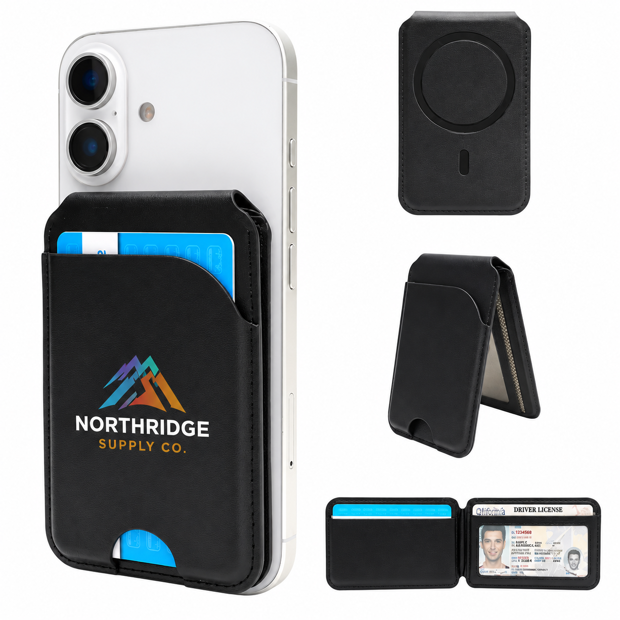 Custom magnetic phone wallet with stand and full-color company logo branding for smartphones. Personalized phone wallets for corporate gifts, promotional products, trade shows, employee appreciation, branded events, and business marketing.