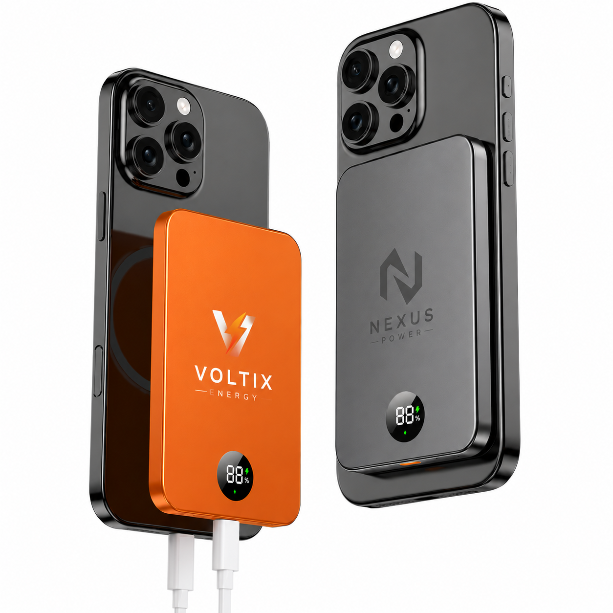 Custom magnetic wireless power banks with full-color and engraved company logo branding for smartphones. Personalized portable chargers for corporate gifts, employee appreciation, promotional products, trade shows, and business marketing.