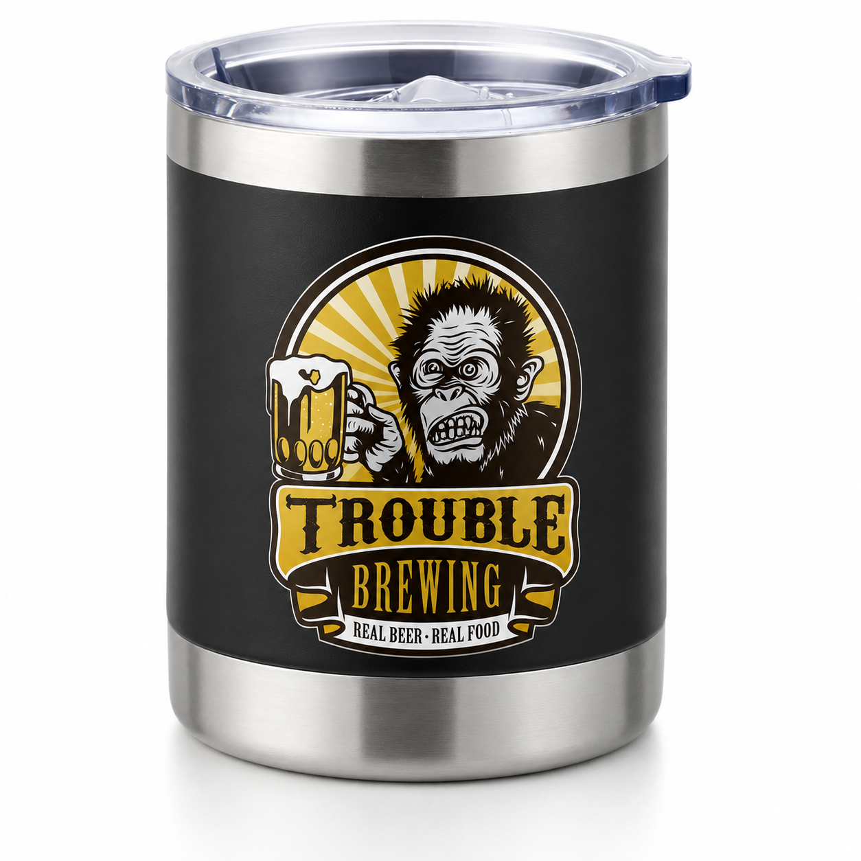 Custom UV printed stainless steel tumbler with full-color brewery logo on insulated black drinkware. Personalized tumblers for breweries, restaurants, bars, company branding, promotional products, employee gifts, and custom business merchandise.