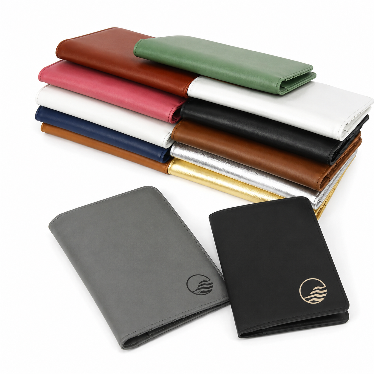 Custom leather passport holders and travel wallets with engraved company logos and multiple color options. Personalized passport covers for corporate gifts, employee travel kits, client appreciation, business branding, executive travel, and promotion