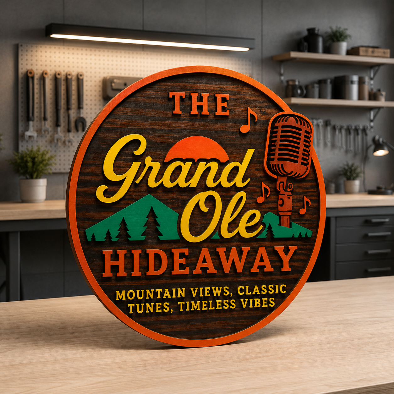 Decorative sign with the words "The Grand Ole Hideaway" set against a wood background, featuring a mountain scene, microphone, and musical notes, with the phrase "Mountain views, classic tunes, timeless vibes" at the bottom.
