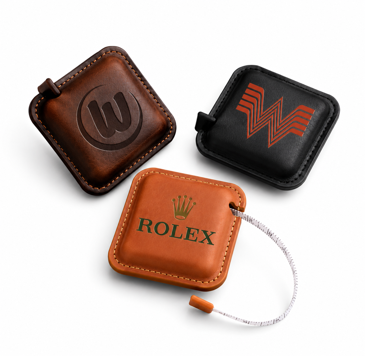 Custom leather tape measure with engraved or full-color logo options, compact retractable measuring tape, and stitched premium finish. Branded measuring tapes for contractors, construction companies, realtors, employee gifts, trade shows, and promoti