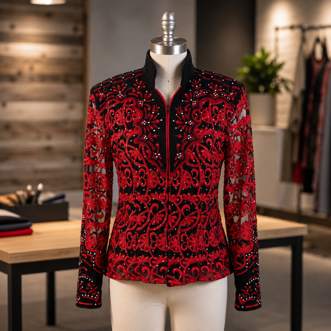 A black and red embroidered jacket with a zipper front on a mannequin inside a clothing store.