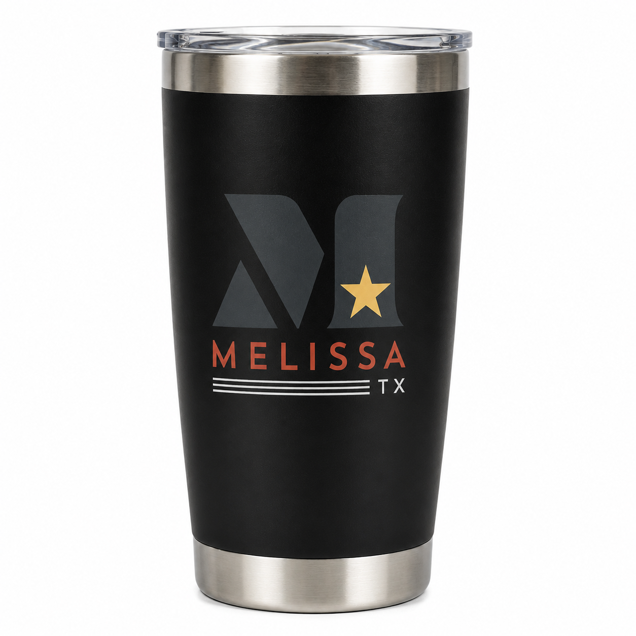 Custom full-color UV printed stainless steel tumbler with logo on insulated black drinkware. Personalized tumblers for city branding, corporate gifts, promotional products, community events, employee gifts, and custom business merchandise