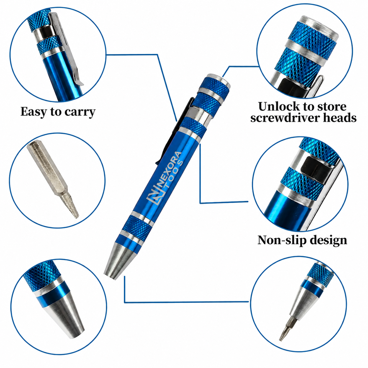 Custom multi-tool screwdriver pen with engraved company logo, built-in screwdriver bits, non-slip grip, pocket clip, and compact storage design. Branded tool pens for contractors, technicians, electricians, trade shows, employee gifts, and promotiona