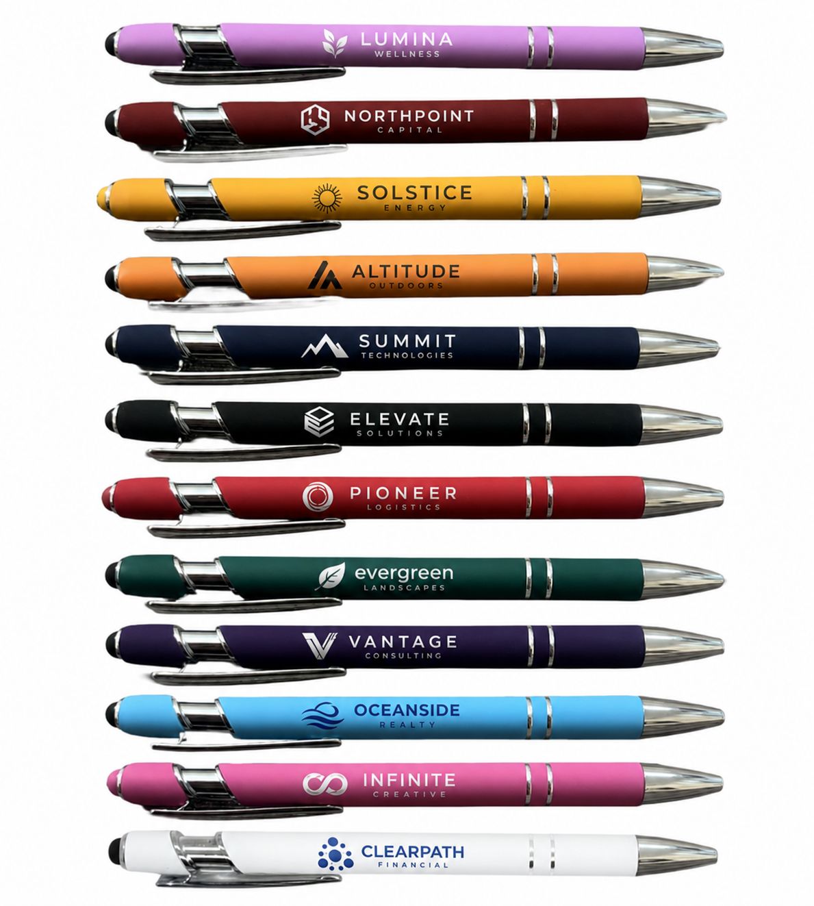 Custom stylus pens with engraved company logos in vibrant colors and soft-touch finishes. Branded promotional pens for corporate giveaways, trade shows, employee gifts, healthcare offices, financial companies, marketing campaigns, and business brandi