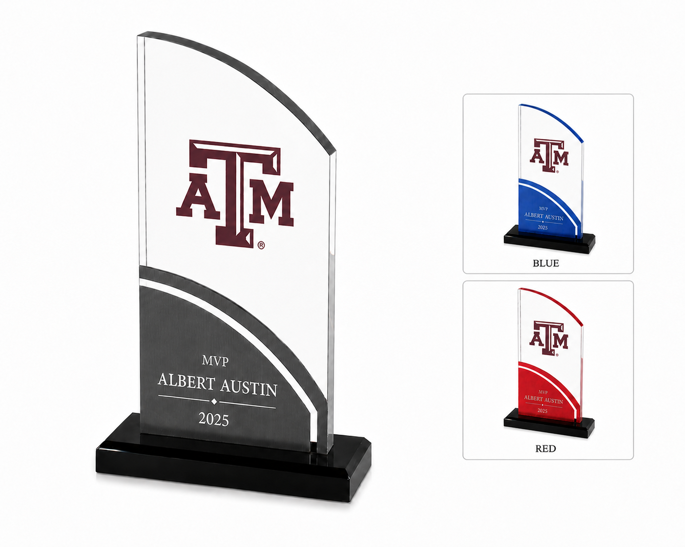 CrystaL Award with Texas A&M University logo, labeled MVP Albert Austin, 2025, available in blue, red, and black colors.