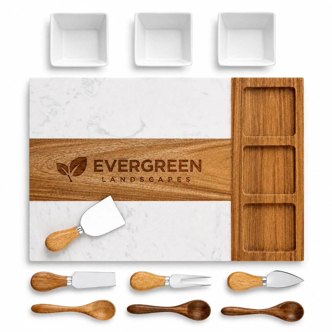 Custom engraved marble and bamboo charcuterie board gift set with serving utensils and bowls. Personalized serving boards for corporate gifts, client appreciation, real estate closing gifts, promotional products, and branded merchandise.