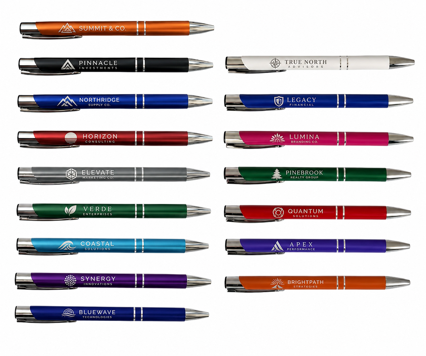 Custom metal promotional pens with engraved company logos in multiple colors and styles. Branded business pens for corporate giveaways, trade shows, employee gifts, marketing campaigns, client appreciation, executive offices, and promotional branding