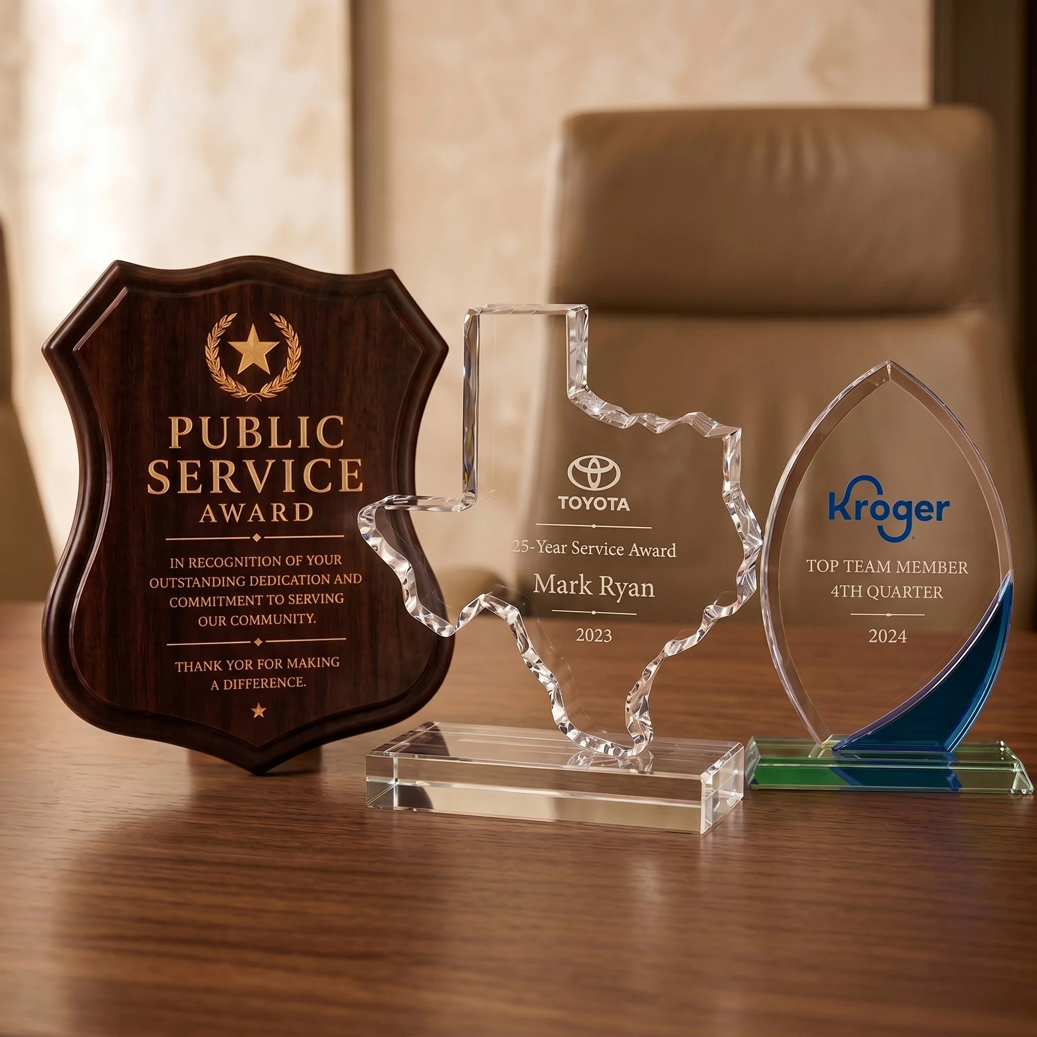 Recognition of awards and trophies for public service, Toyota, and Kroger displayed on a wooden surface.