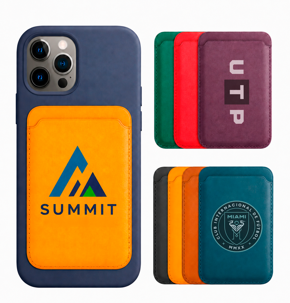 Custom phone wallet card holders with full-color and engraved logo branding for smartphones. Personalized adhesive phone wallets for corporate gifts, promotional products, trade shows, branded events, employee gifts, and business marketing.