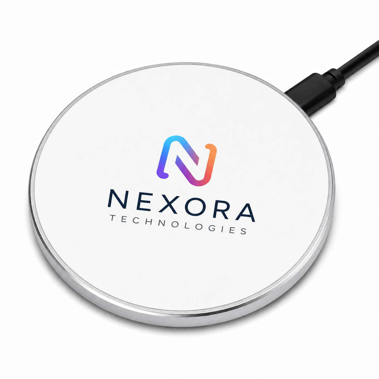 Custom wireless charging pad with full-color company logo branding for desks and offices. Personalized wireless chargers for corporate gifts, employee appreciation, promotional products, trade shows, client gifts, and business marketing.