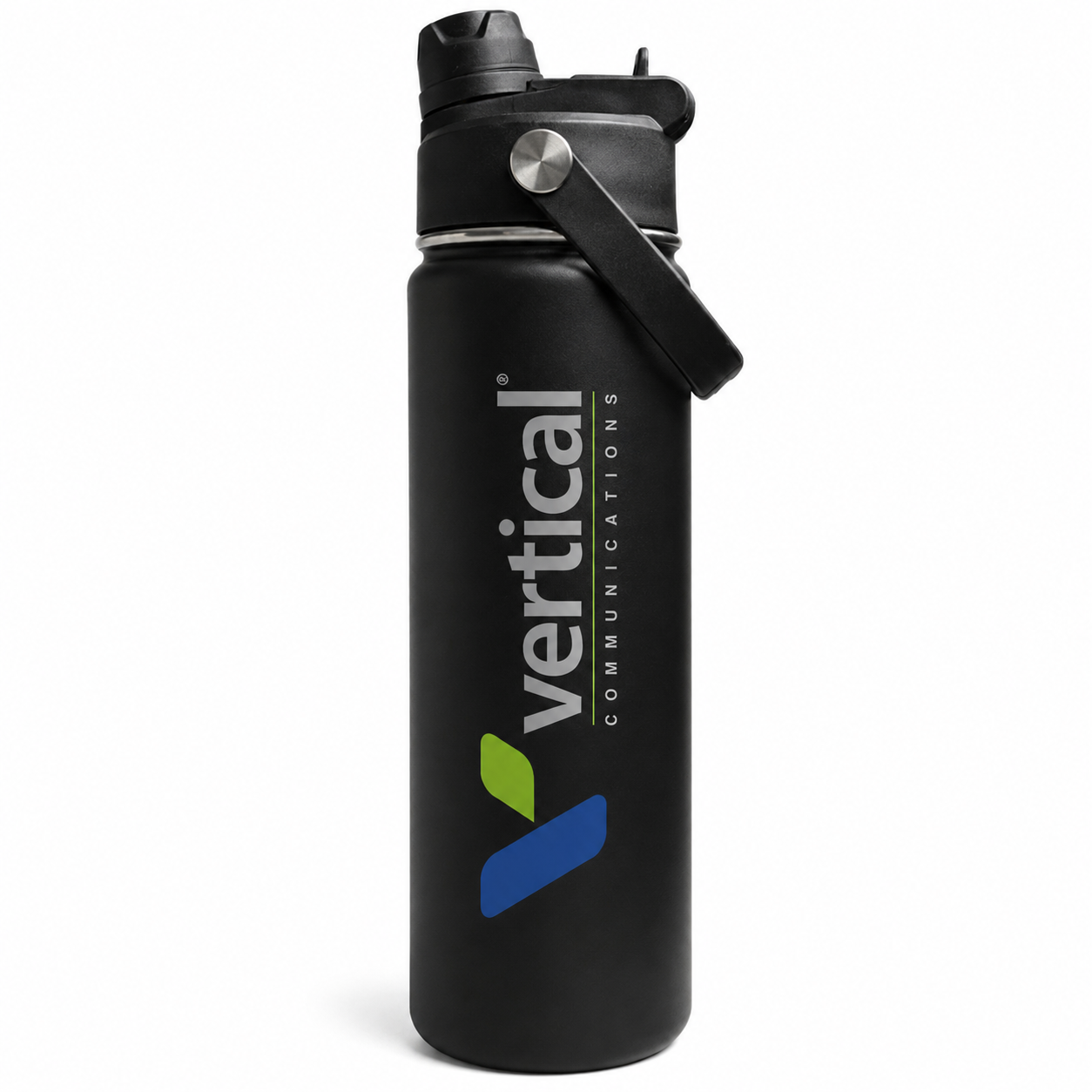 Custom UV printed stainless steel water bottle with full-color company logo on insulated black drinkware. Personalized water bottles for corporate gifts, employee appreciation, promotional products, trade shows, business branding, and giveaways.